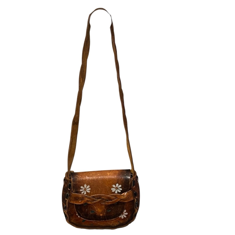Vintage 60’s 70’s Hand Tooled Painted Leather Crossbody Bag Purse Shoulder Bag